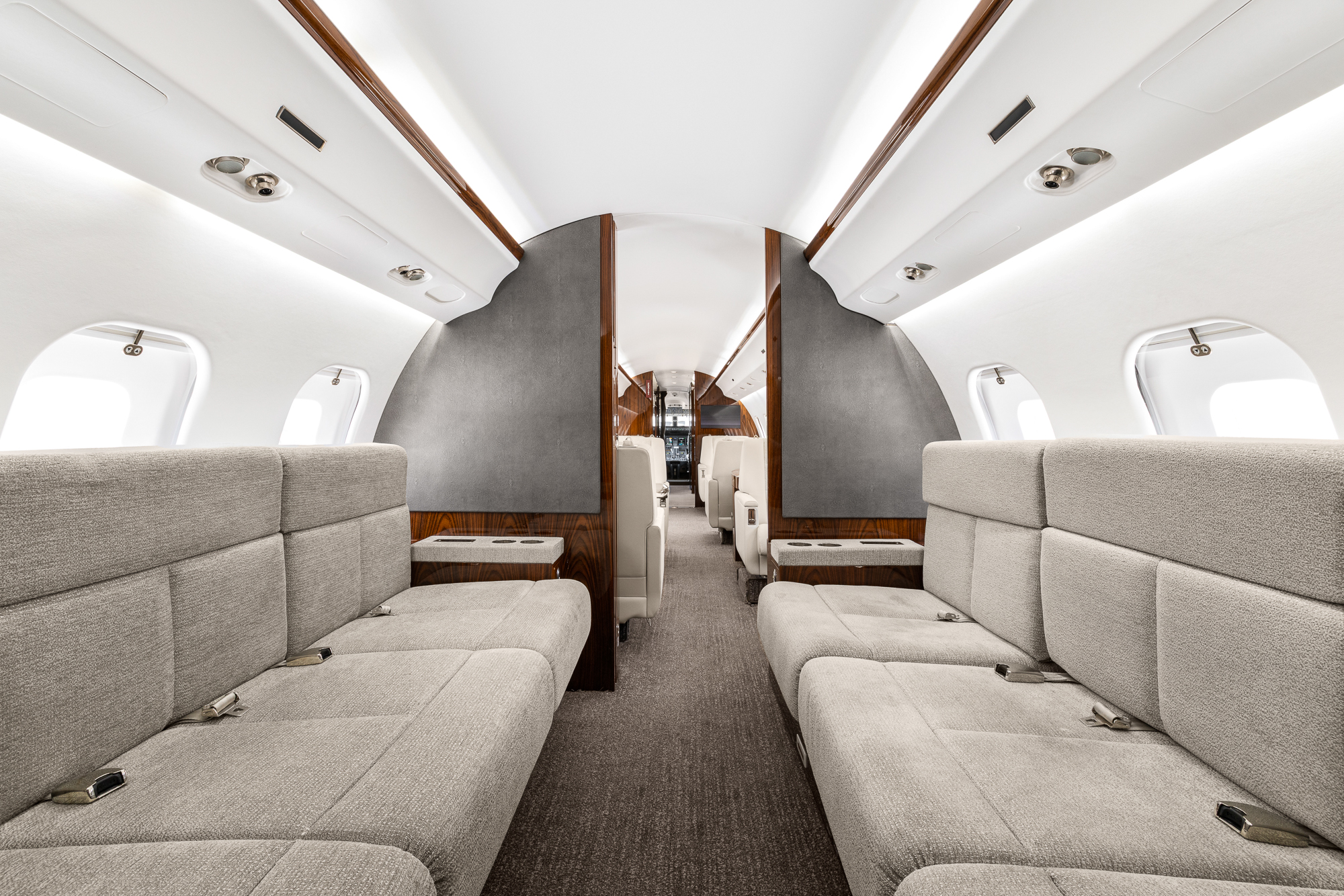 Cabin looking forward from the aft zone, dual couch layout.